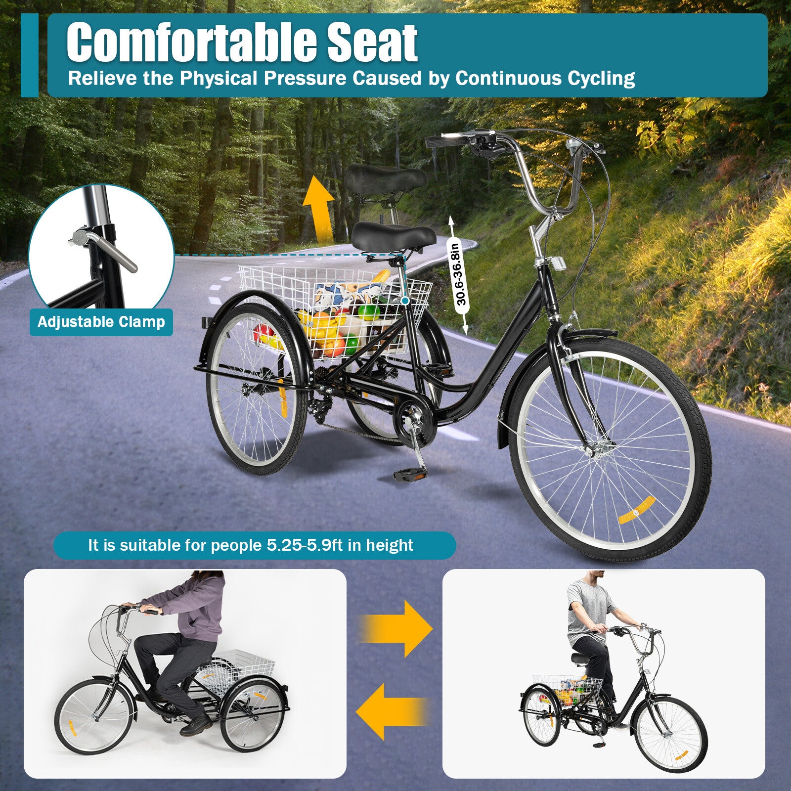 24 Inch Adult Tricycle Bike 8 Speed Trike 3-Wheel Bicycle w/Folding Back &Basket