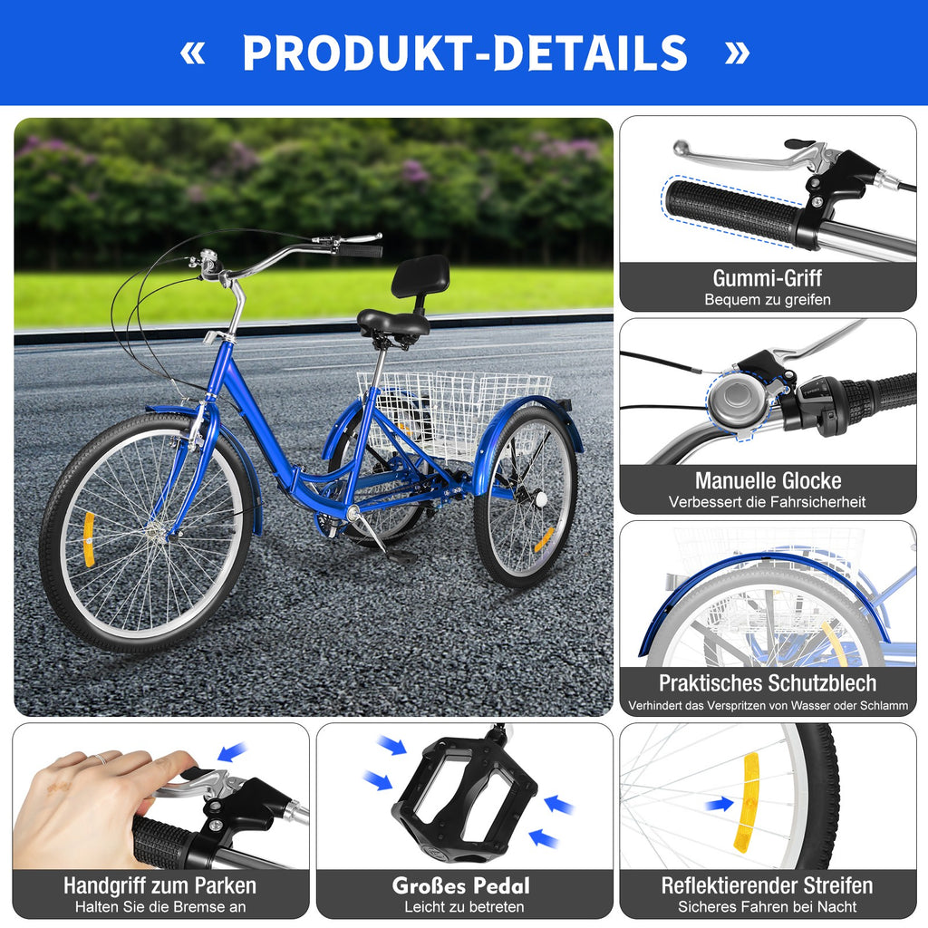 24in Blue Folding Adjustment Height Tricycle for 5.25-5.9ft Adults