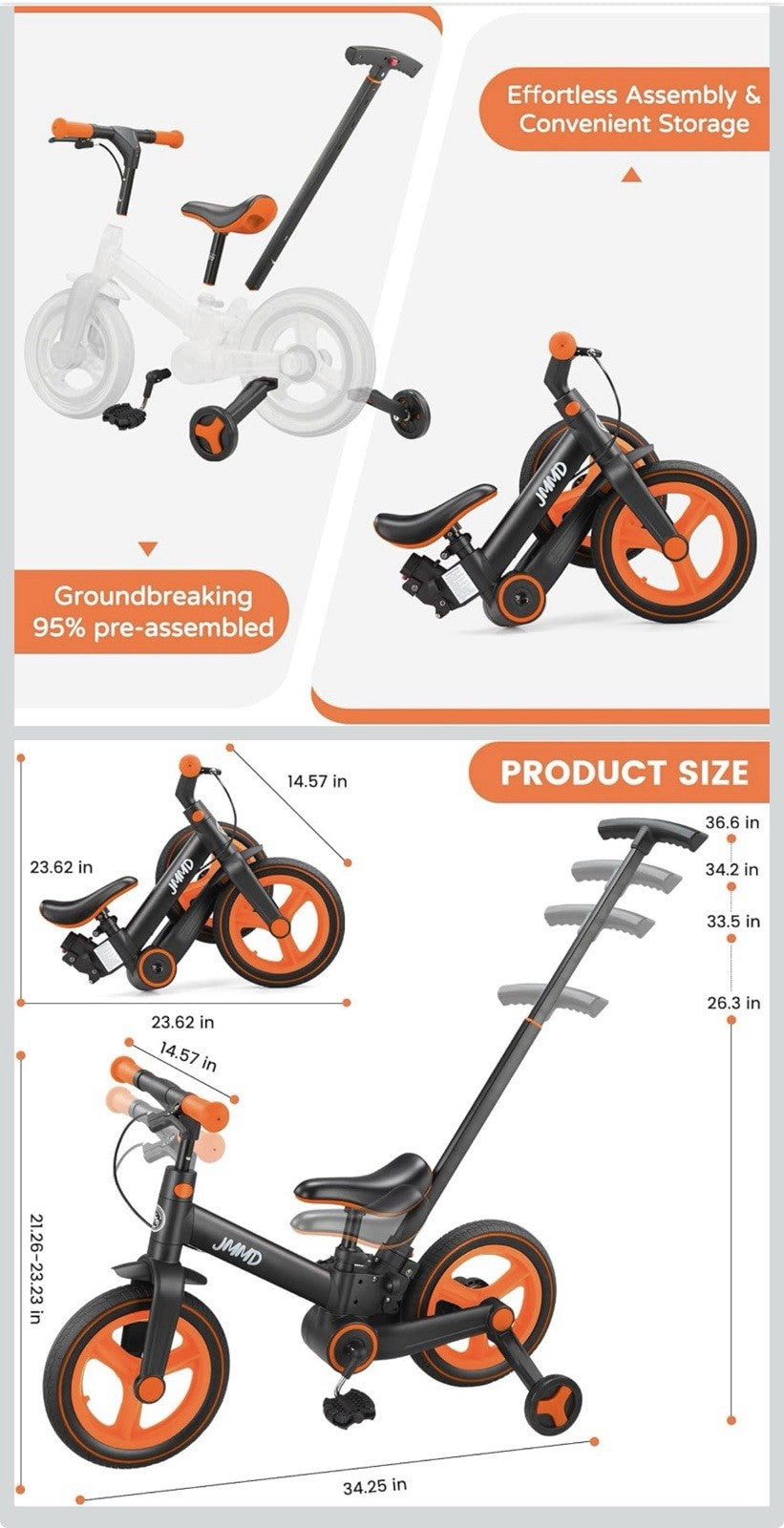 JMMD 6-in-1 Toddler Bike for 18MONTHS-5YEARS Convertible and Foldable Bike