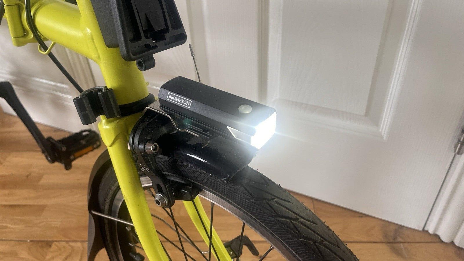 Brompton Folding Bike 6-Speed Yuzu Lime Green with Front Light & Be Seen Lights