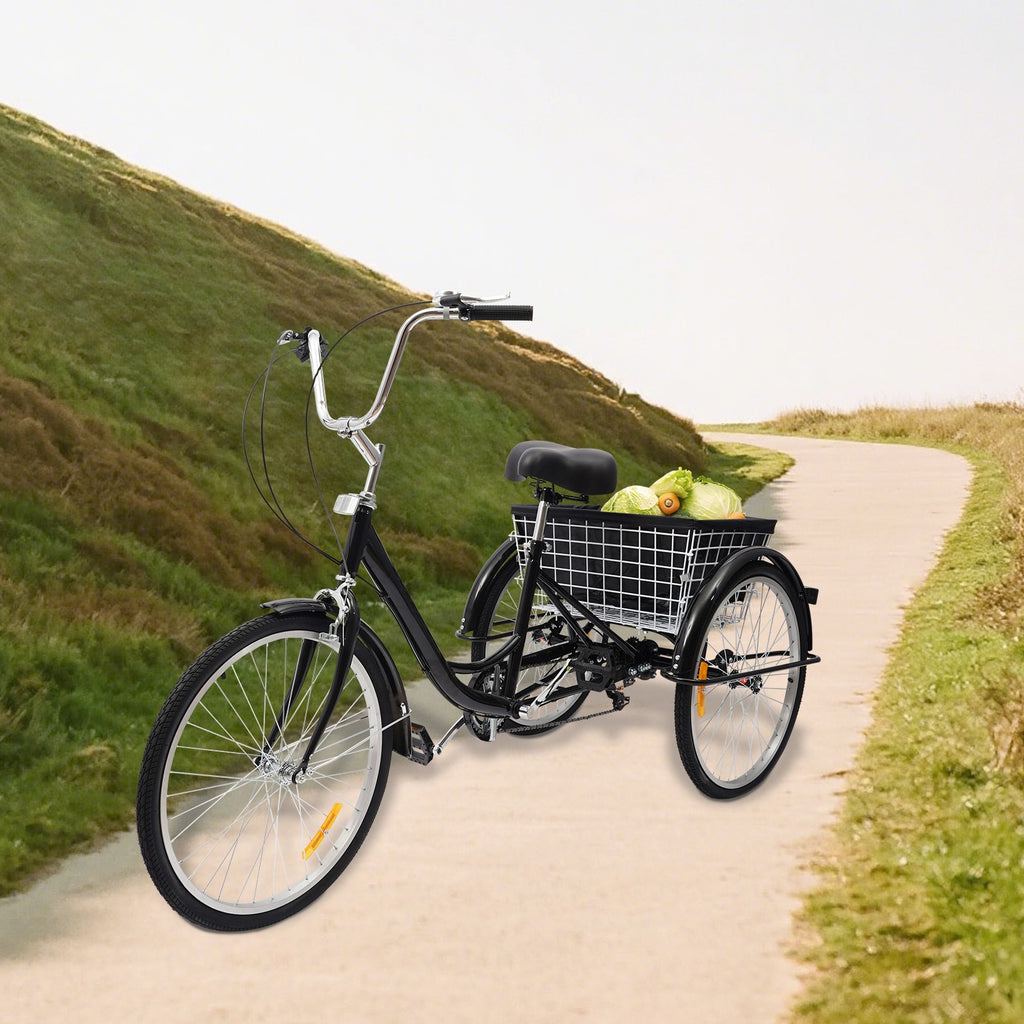24 Inch Adult Tricycle Trike Bike 8-Speeds 3-Wheel Bicycle & Folding Back Basket