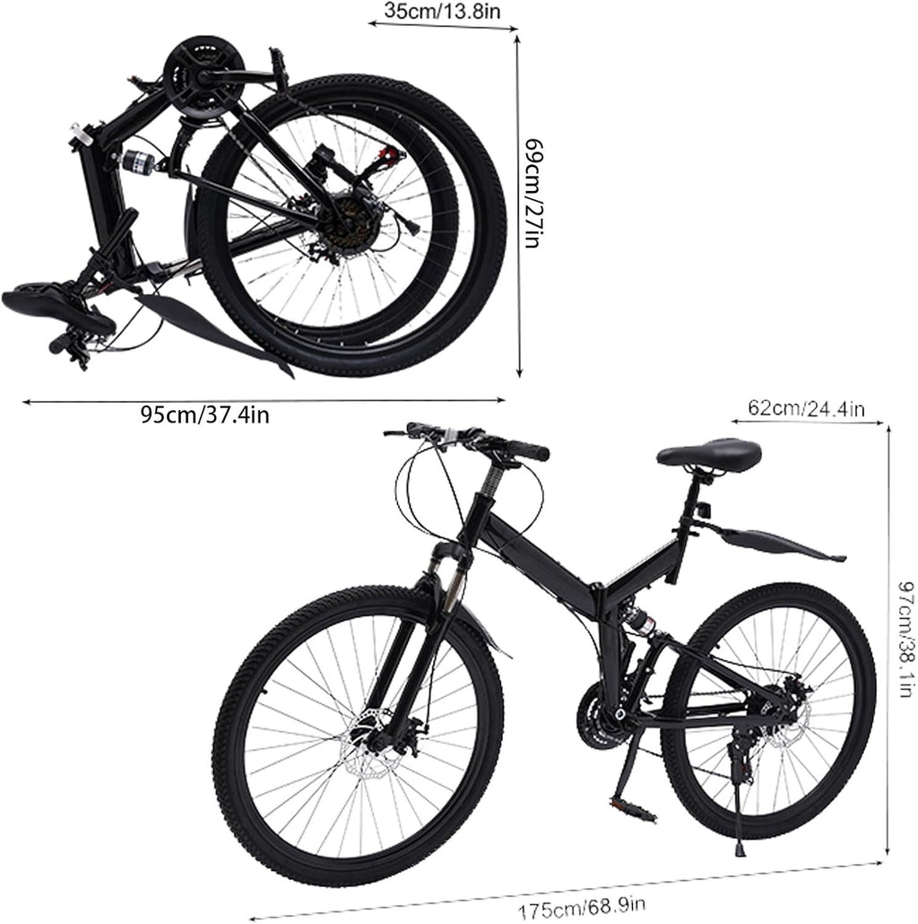 26" Folding Mountain Bike 21 Speed Disc Brakes Carbon Steel Frame Mudguard