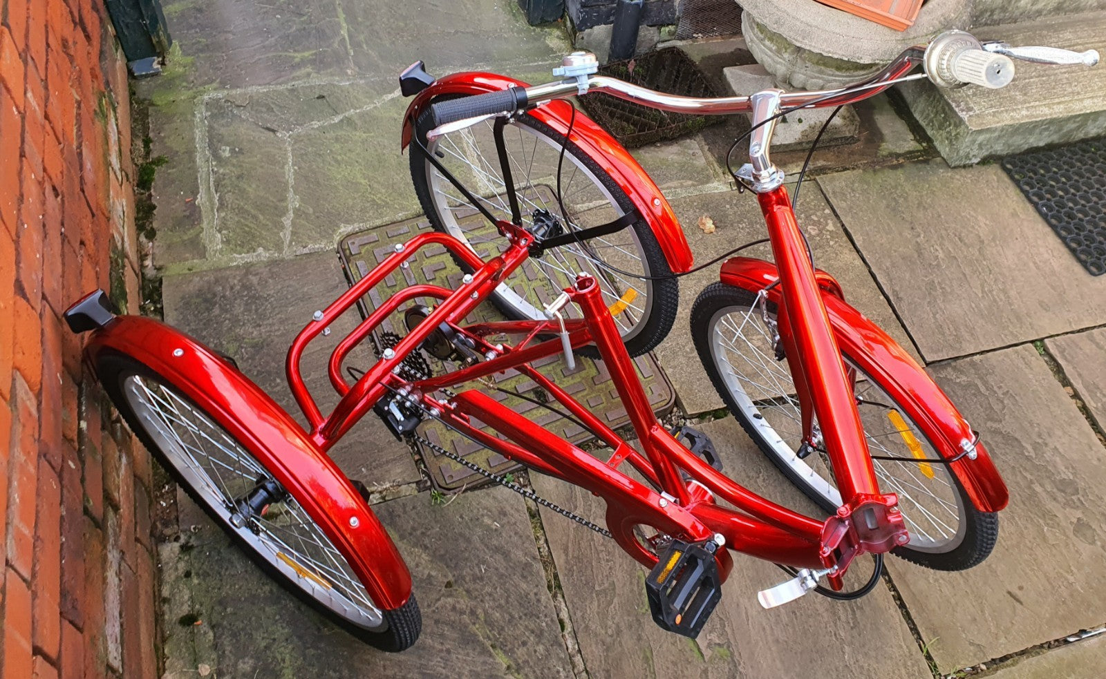 Brand NEW NEVER RIDDEN Adult RED Folding Tricycle. Basket & 7 Derailleur Gears.