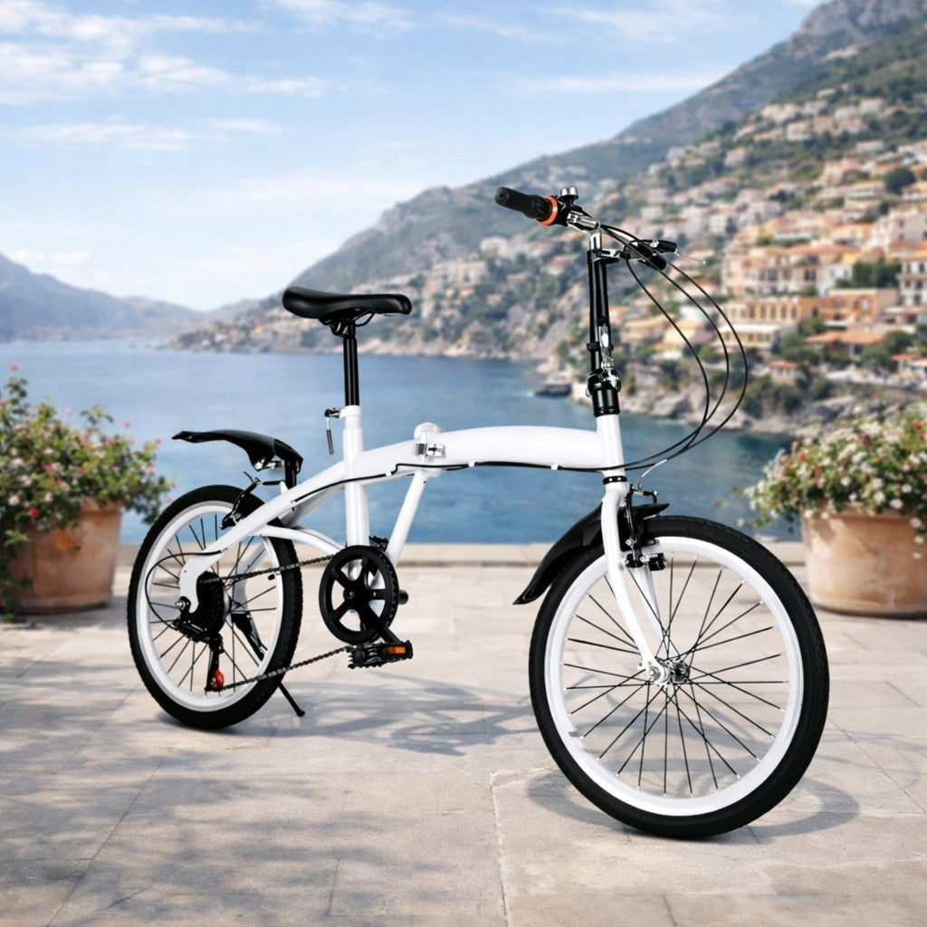 White Folding Bike Foldable City Bike for Adult 20" Commute Bicycle 6 Speed Gear