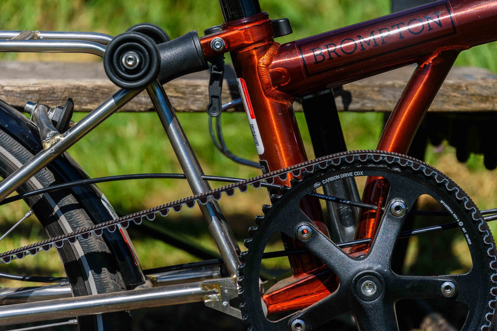 Kinetics Brompton. 20" wheels, cable disk brakes, belt drive, 11-speed Alfine