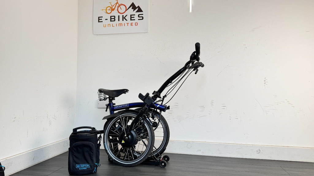 Brompton C-Line Electric 6 Speed Bolt Blue Lacquer Pannier bag Brooks saddle