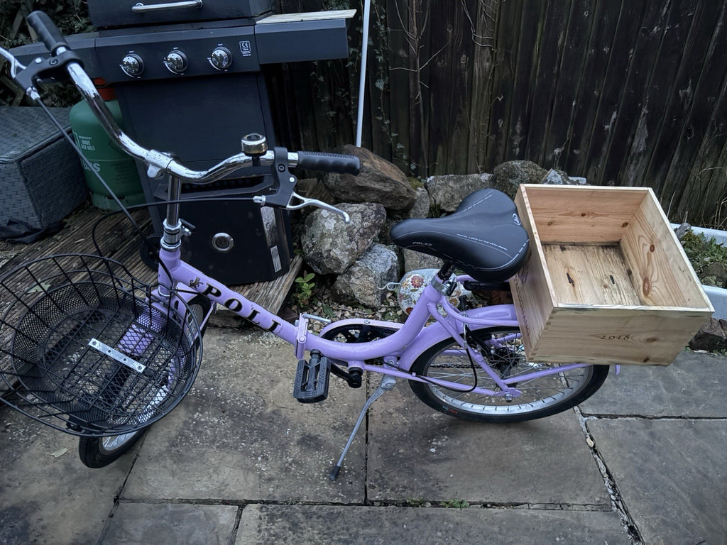 Foldaway Poli Lucca bicycle Purple With Basket And Box Rack Great Condition