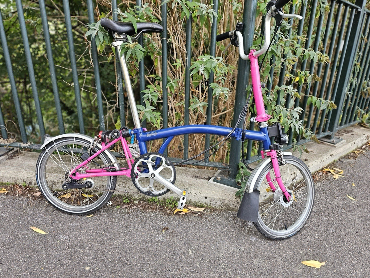 Brompton  c line 2012 Folding Bike 16 in M Frame Blue/Pink Mudguards lights