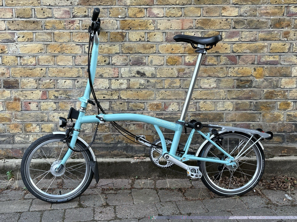 Brompton M6R Folding Bike - Celeste w/ Mudguards, Rack And Dynamo Light Set