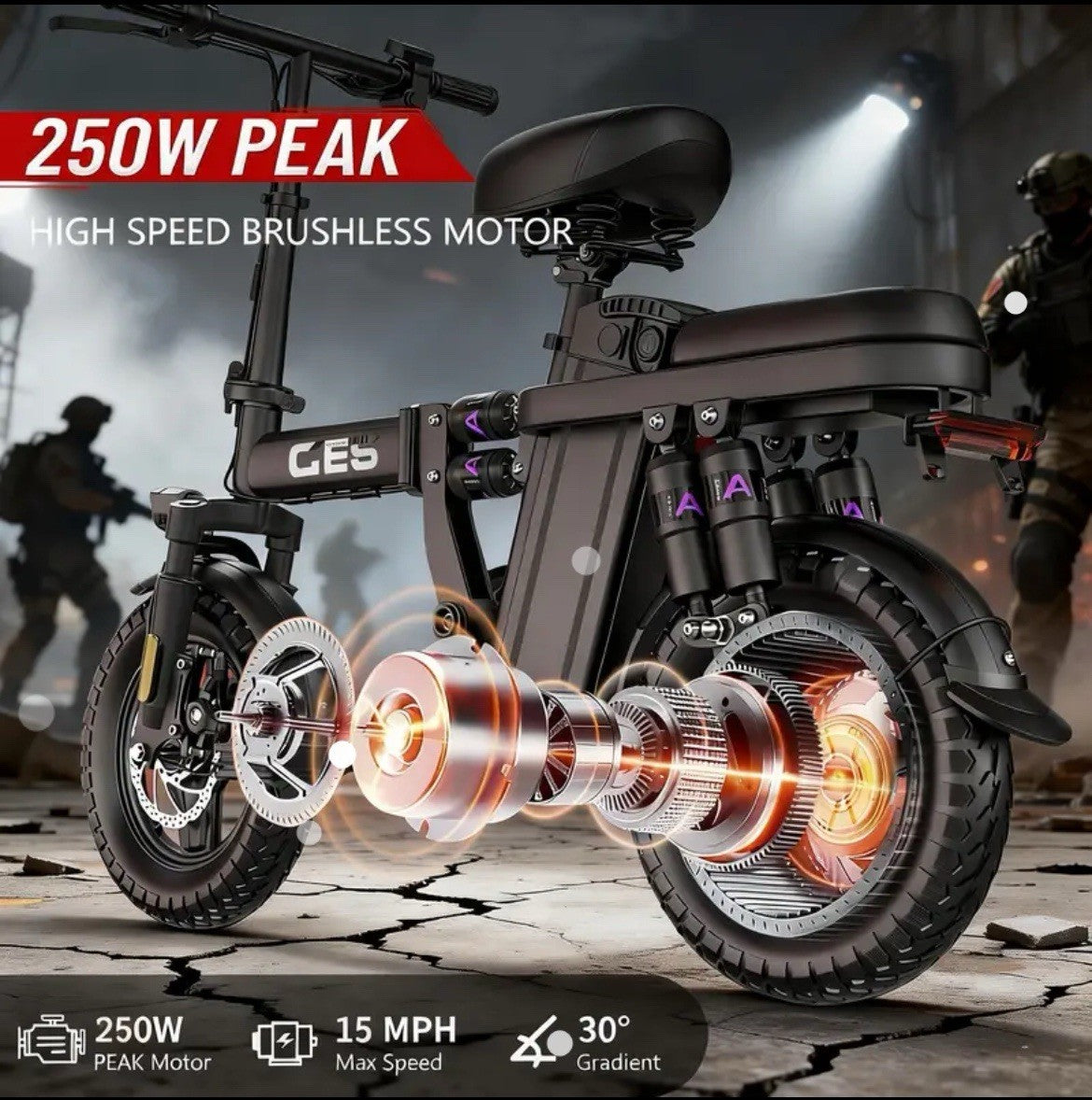 All-terrain Folding Bicycle, 15MPH, 250w(Higher Peak Value After Boost)