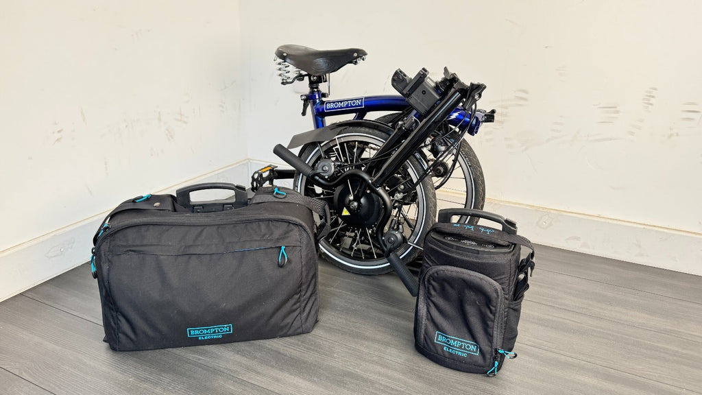Brompton C-Line Electric 6 Speed Bolt Blue Lacquer Pannier bag Brooks saddle