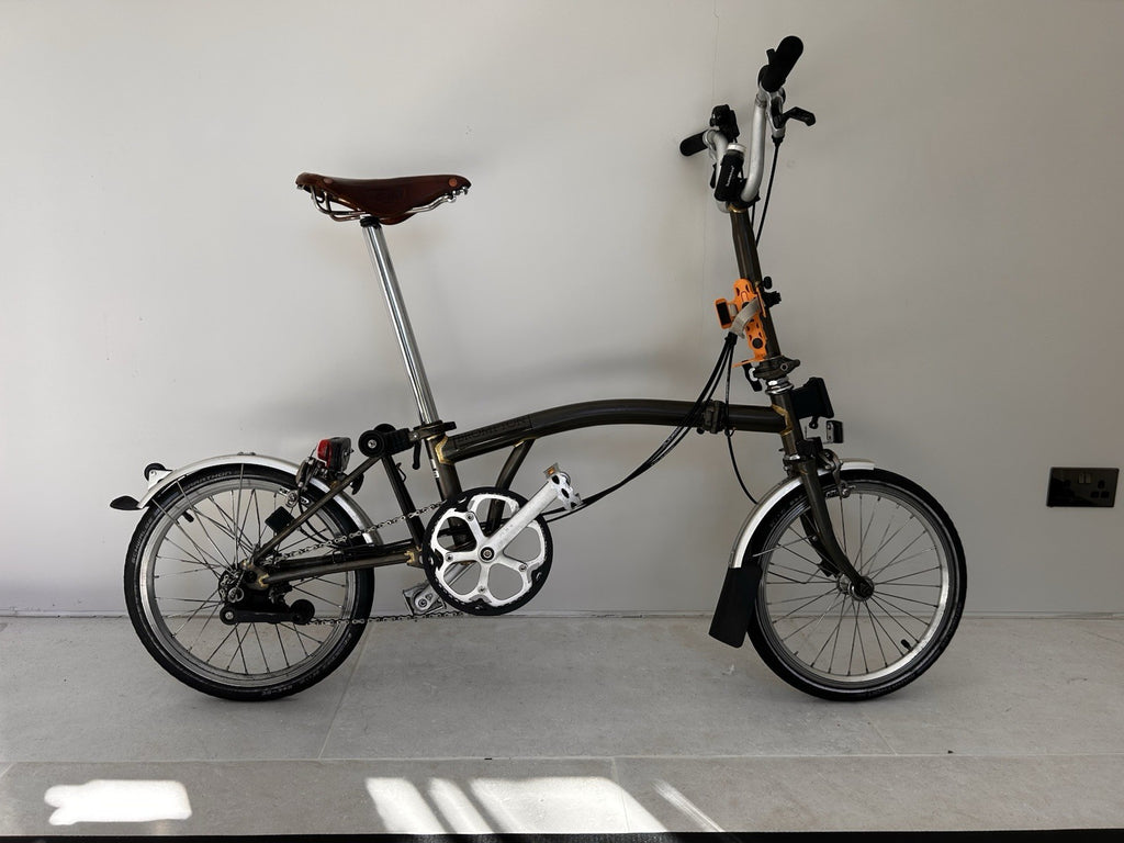 Brompton Folding Bike 6-Speed, Rare Raw Lacquer 2013 With Brompton L Front Bag