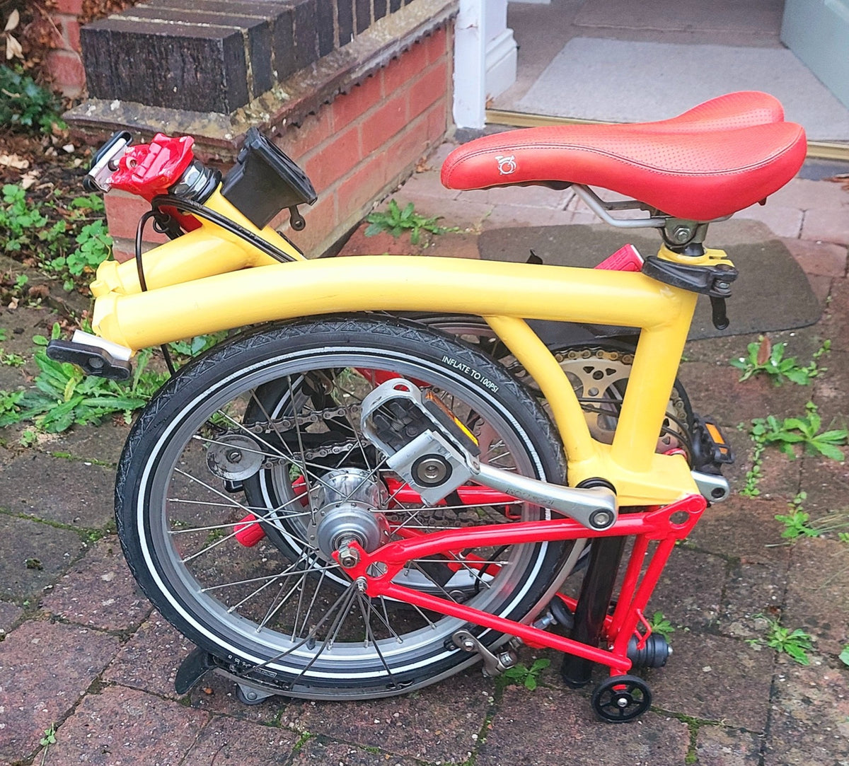 Brompton 3-Speed Red & Yellow Folding Bike + Front Travel Bag ('T-Bag')