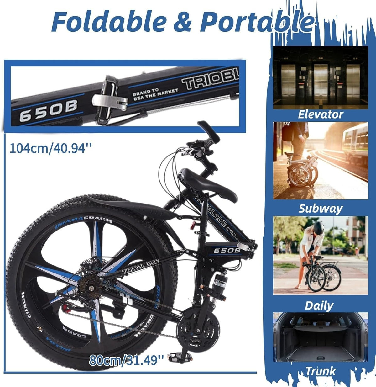 TRIOBLADE 24" Folding Mountain Bike 21 Speed Foldable Mountain Bicycle