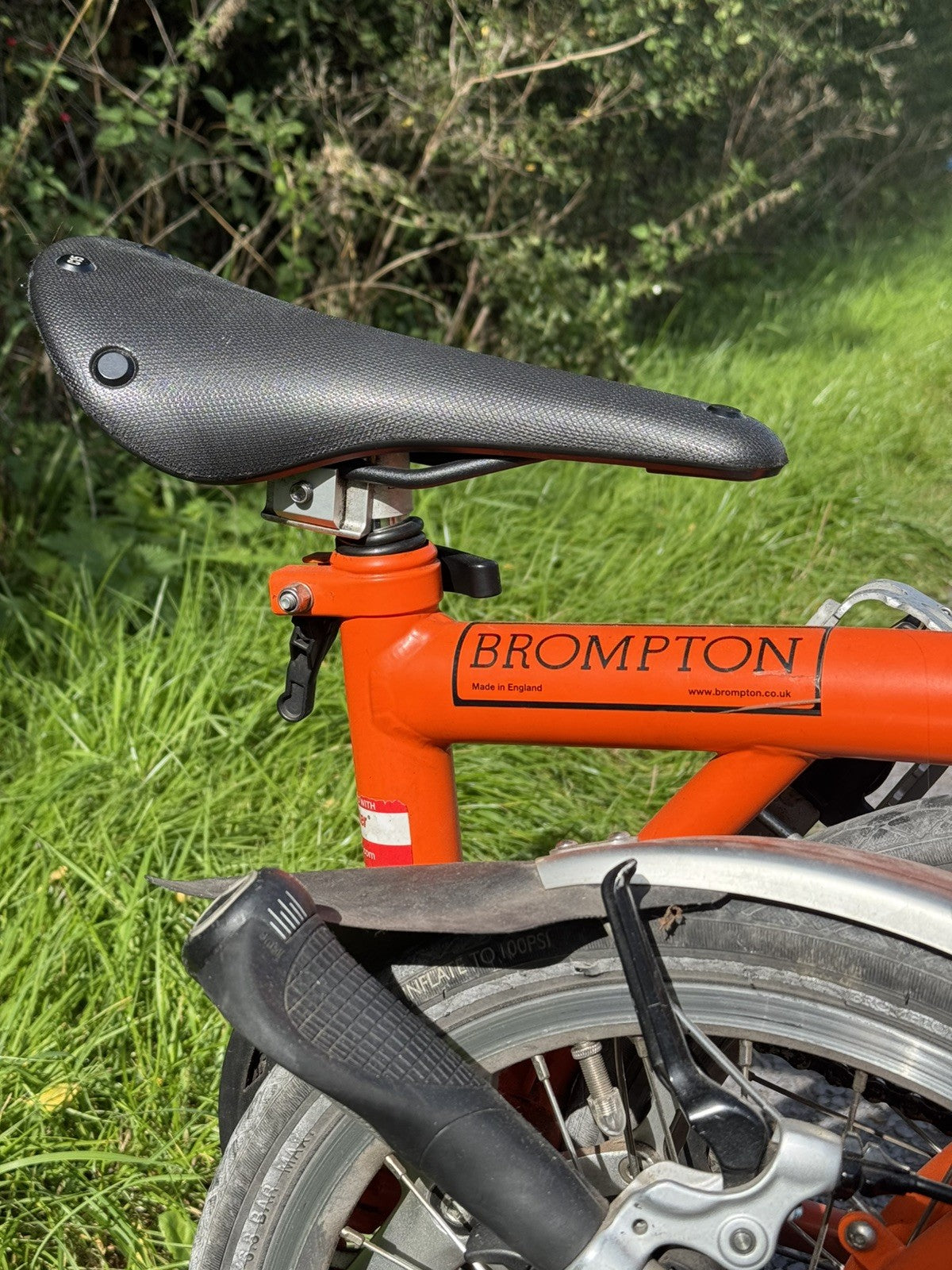 Brompton S3L Orange 3 Speed flat handlebars, Brooks Cambium Saddle