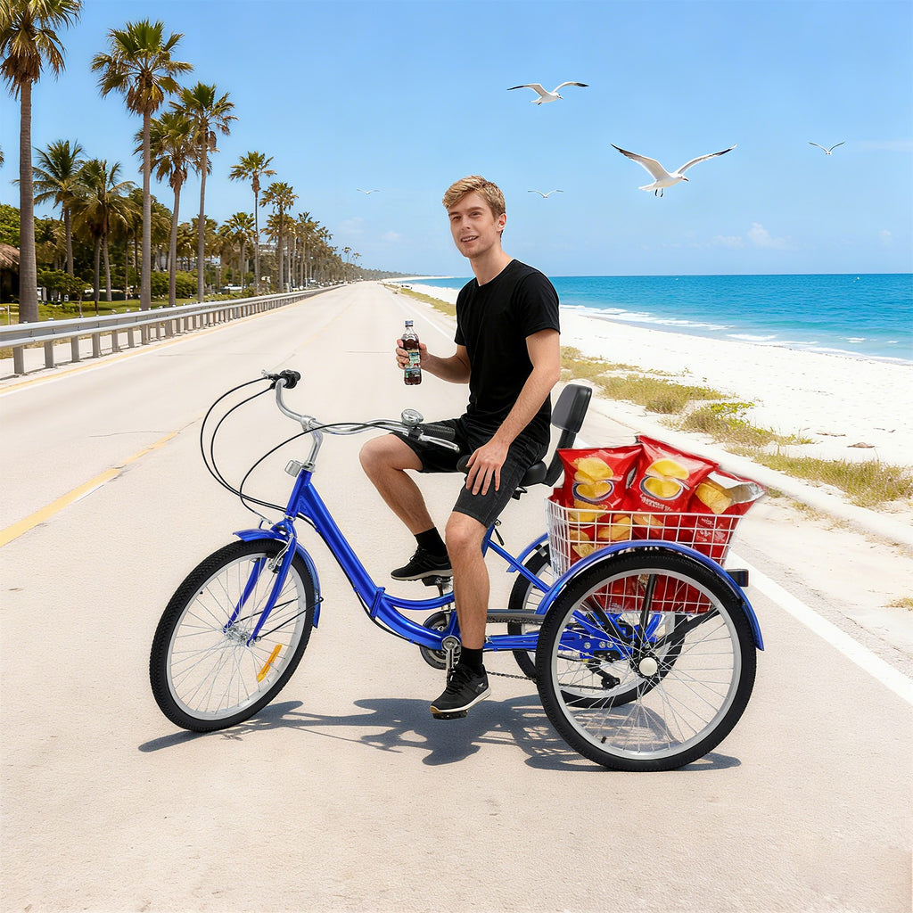 24'' Tricycle Adult Senior 7 Speed 3 Wheels Bike Foldable Trike Bicycle + Basket
