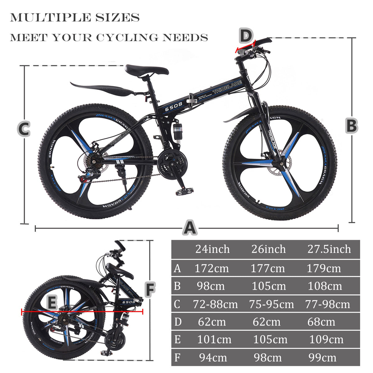 27.5'' Foldable Mountain Bike 21 Speed Full Suspension Bicycle Adult Cycle Blue
