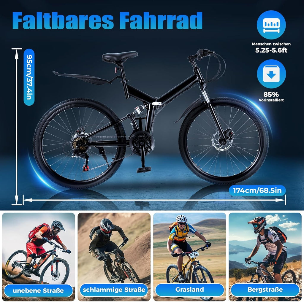 26 In Folding Mountain Bike 21 Speed,Folding Mountain Bike Full-Suspension Carbo