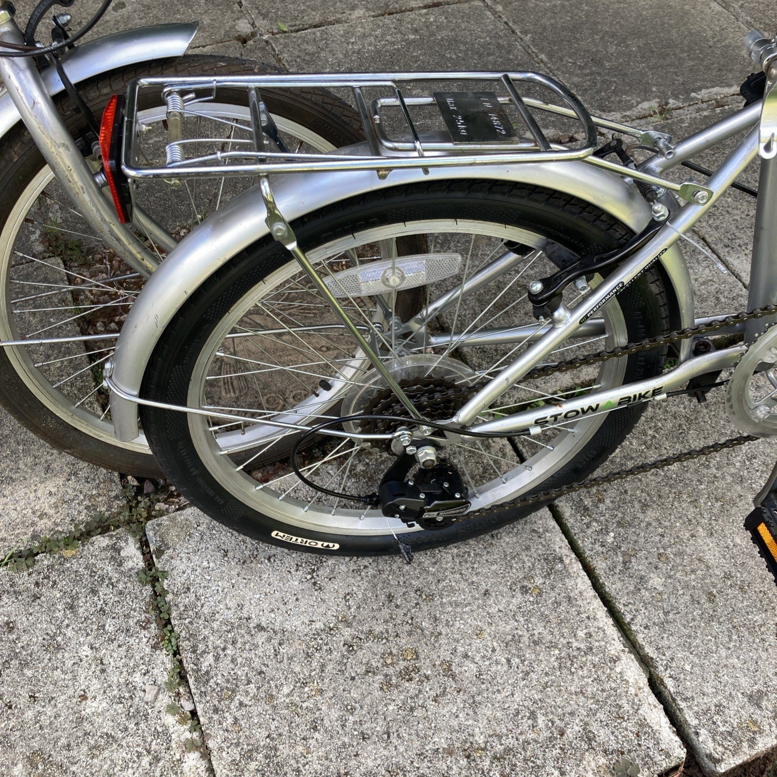 TWO Stowabikes 20in Folding Bikes Silver Rear Rack Mudguards Grip Shifter