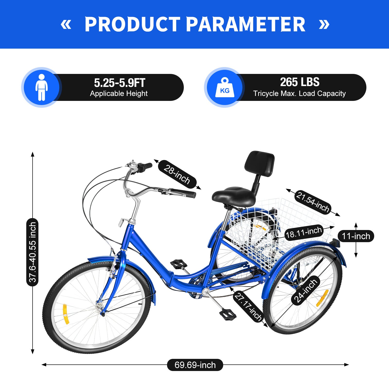 24 Inch Adult Trike Tricycle Foldable 3 Wheel Bike 7-Speed With Storage Basket
