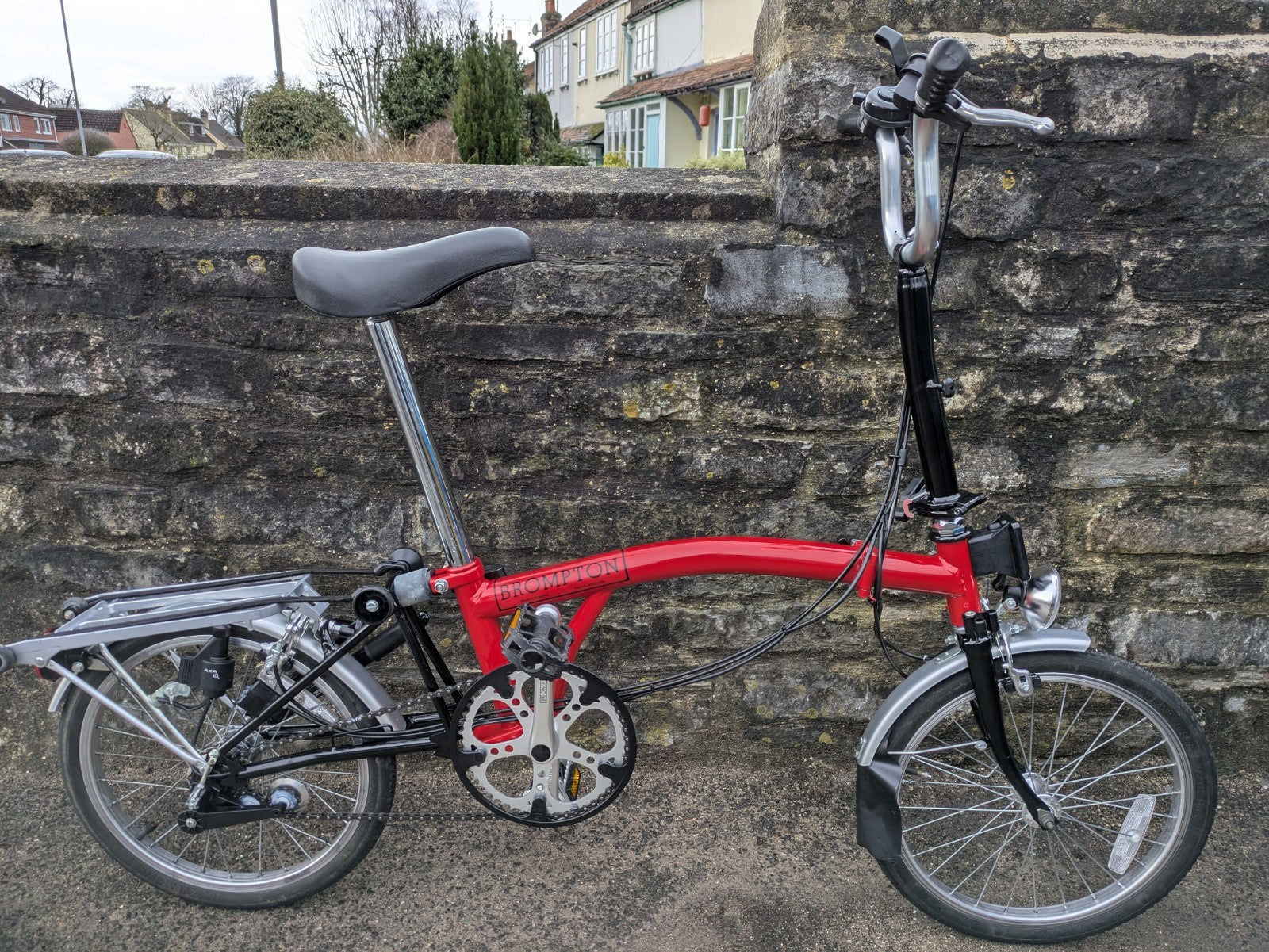 Brompton Folding Bike 6-Speed, Red, Brooks Saddle, Dynamo Lights, Back Rack