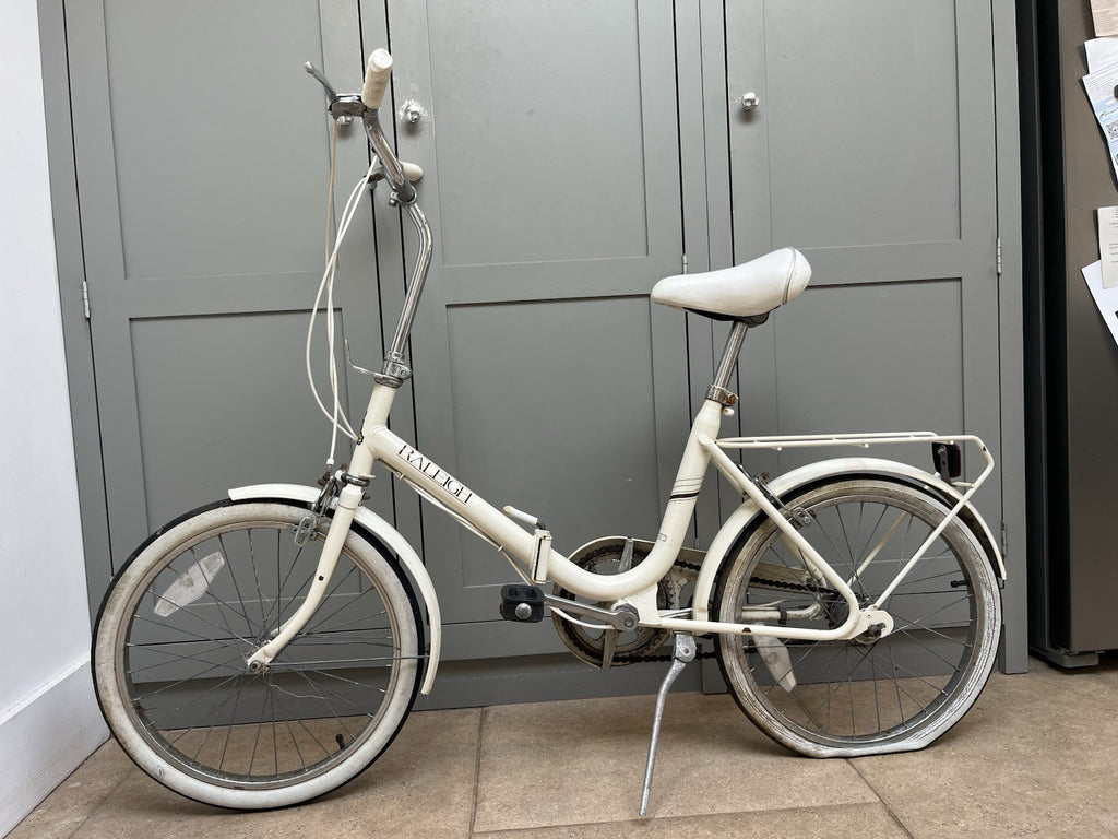 Vintage Raleigh Compact Folding Bike 20in White Mudguards Rear Rack Kickstand