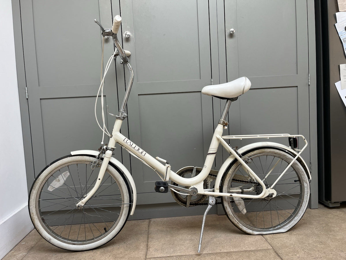 Vintage Raleigh Compact Folding Bike 20in White Mudguards Rear Rack Kickstand
