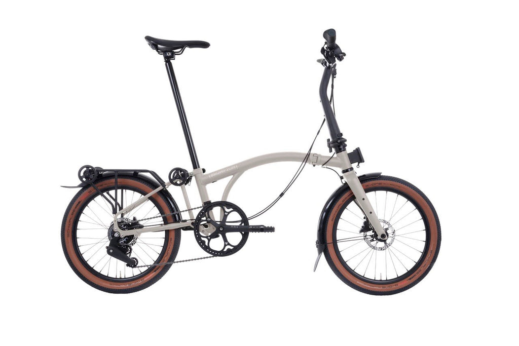 Brompton G Line Medium Folding Bike 8-Speed, Traildust White w rack & mudguards