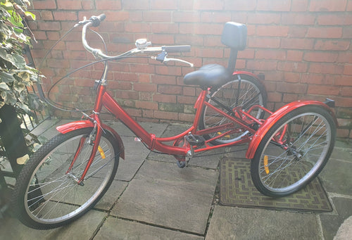 Brand NEW NEVER RIDDEN Adult RED Folding Tricycle. Basket & 7 Derailleur Gears.