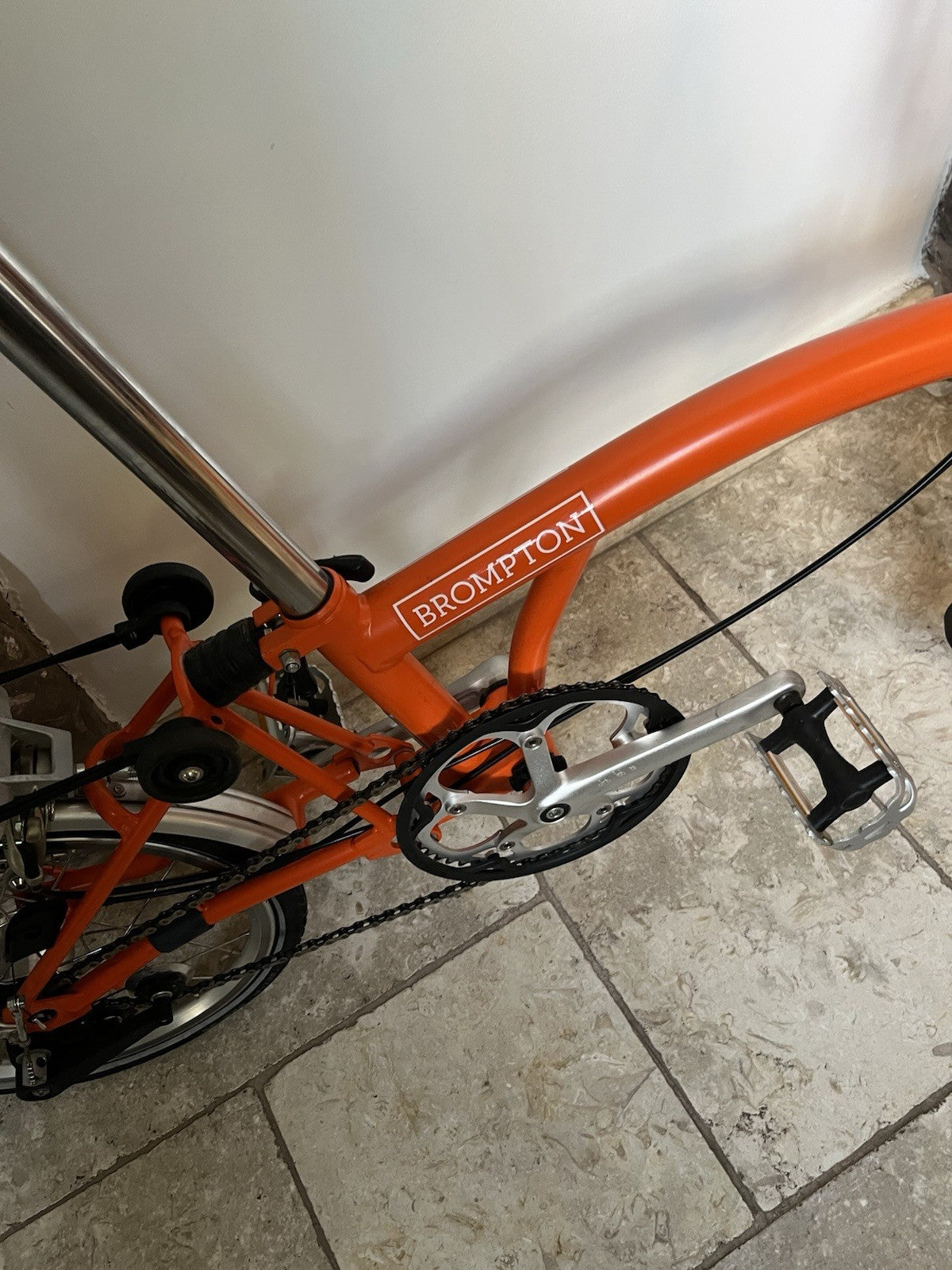 Brompton Orange Folding Bike 16in Wheels Rear Rack Mudguards Bell for collection