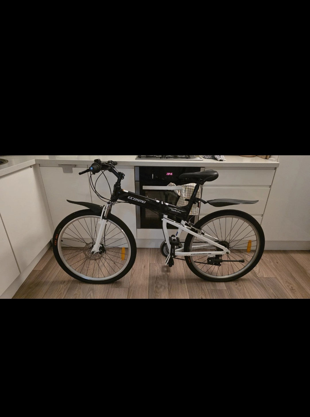 ECOSMO 26in Folding Bike Black/White  Gears Mech Disc, Adj Seat