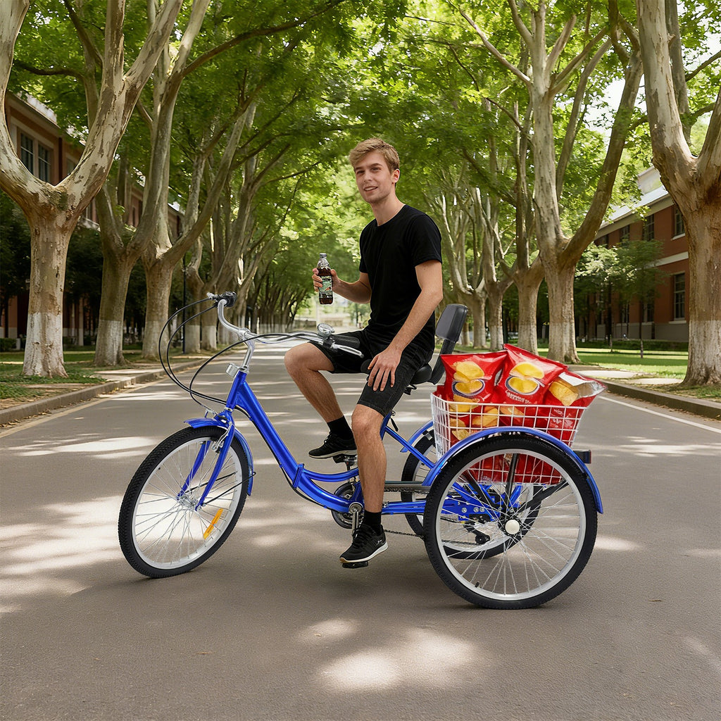 24'' Tricycle Adult Senior 7 Speed 3 Wheels Bike Foldable Trike Bicycle + Basket