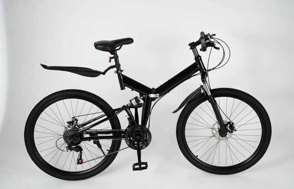 26in Folding Mountain Bike Black 21-Speed Derailleur Disc Brakes Full Suspension
