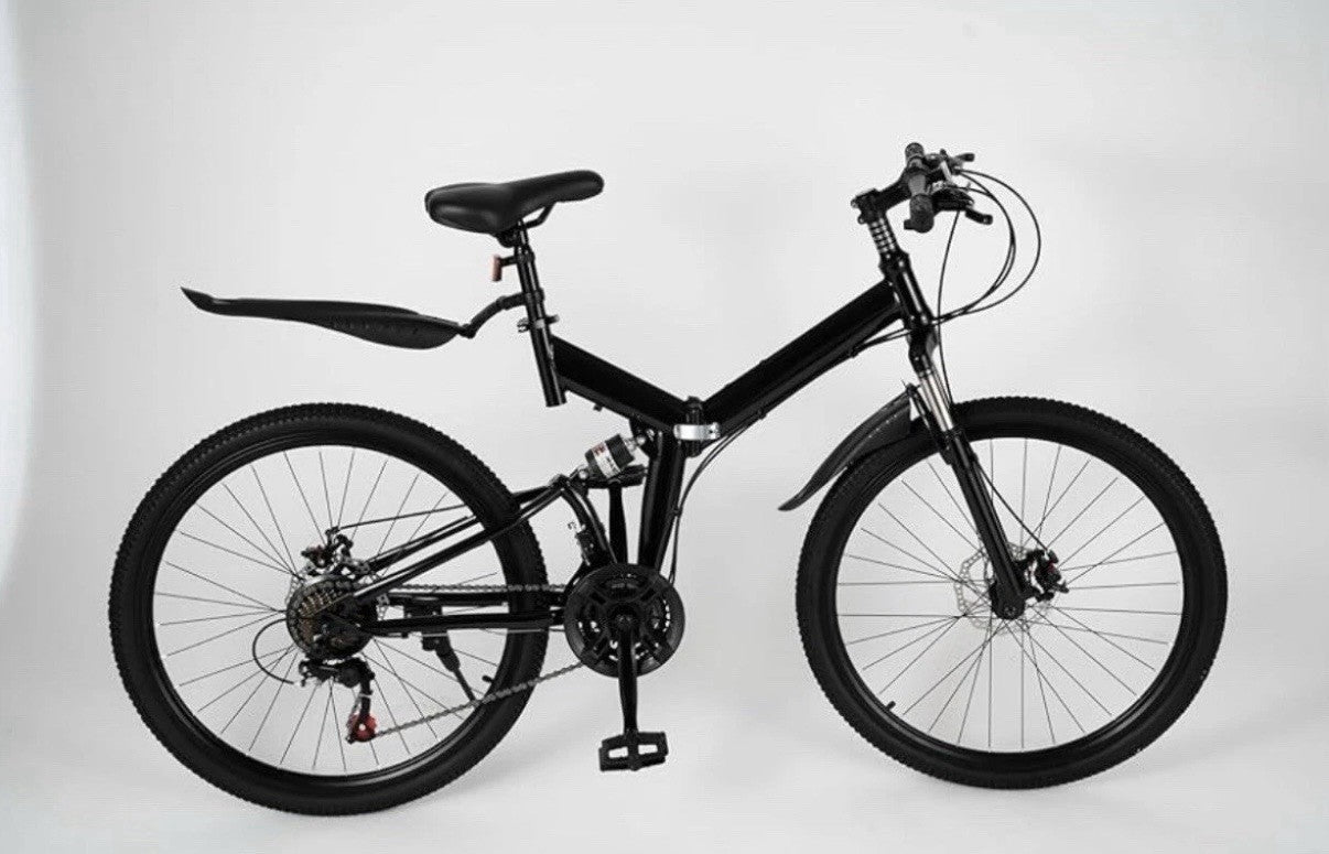 26in Folding Mountain Bike Black 21-Speed Derailleur Disc Brakes Full Suspension
