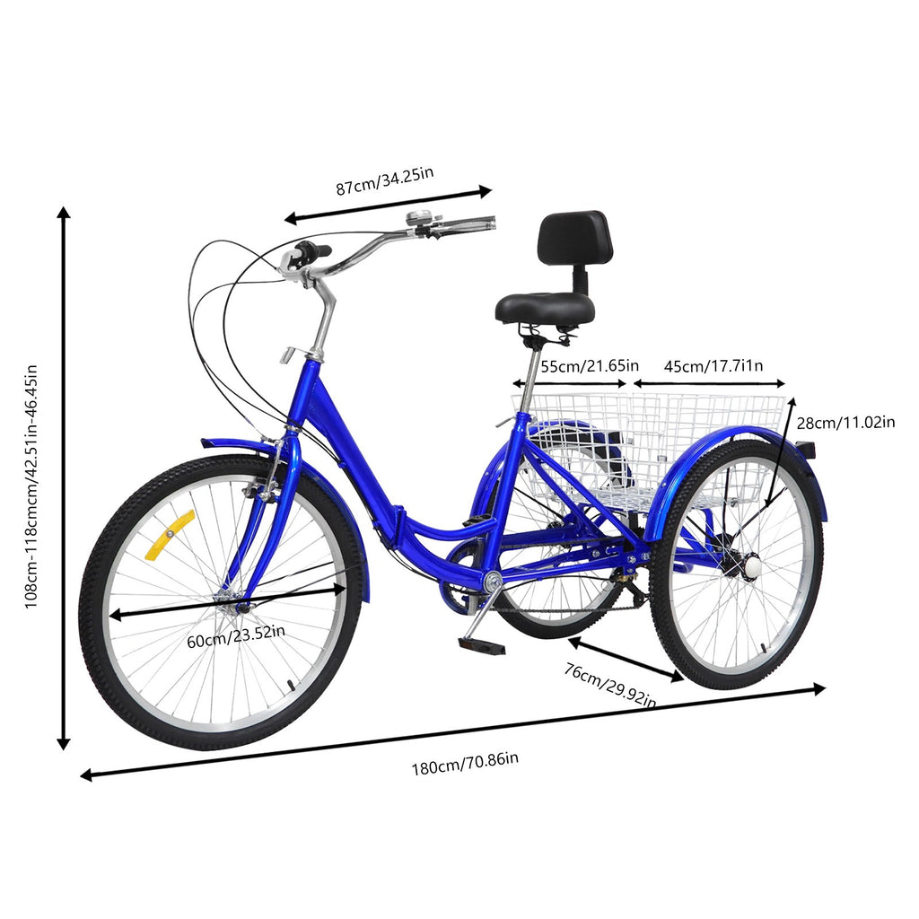 24'' Tricycle Adult Senior 7 Speed 3 Wheels Bike Foldable Trike Bicycle + Basket