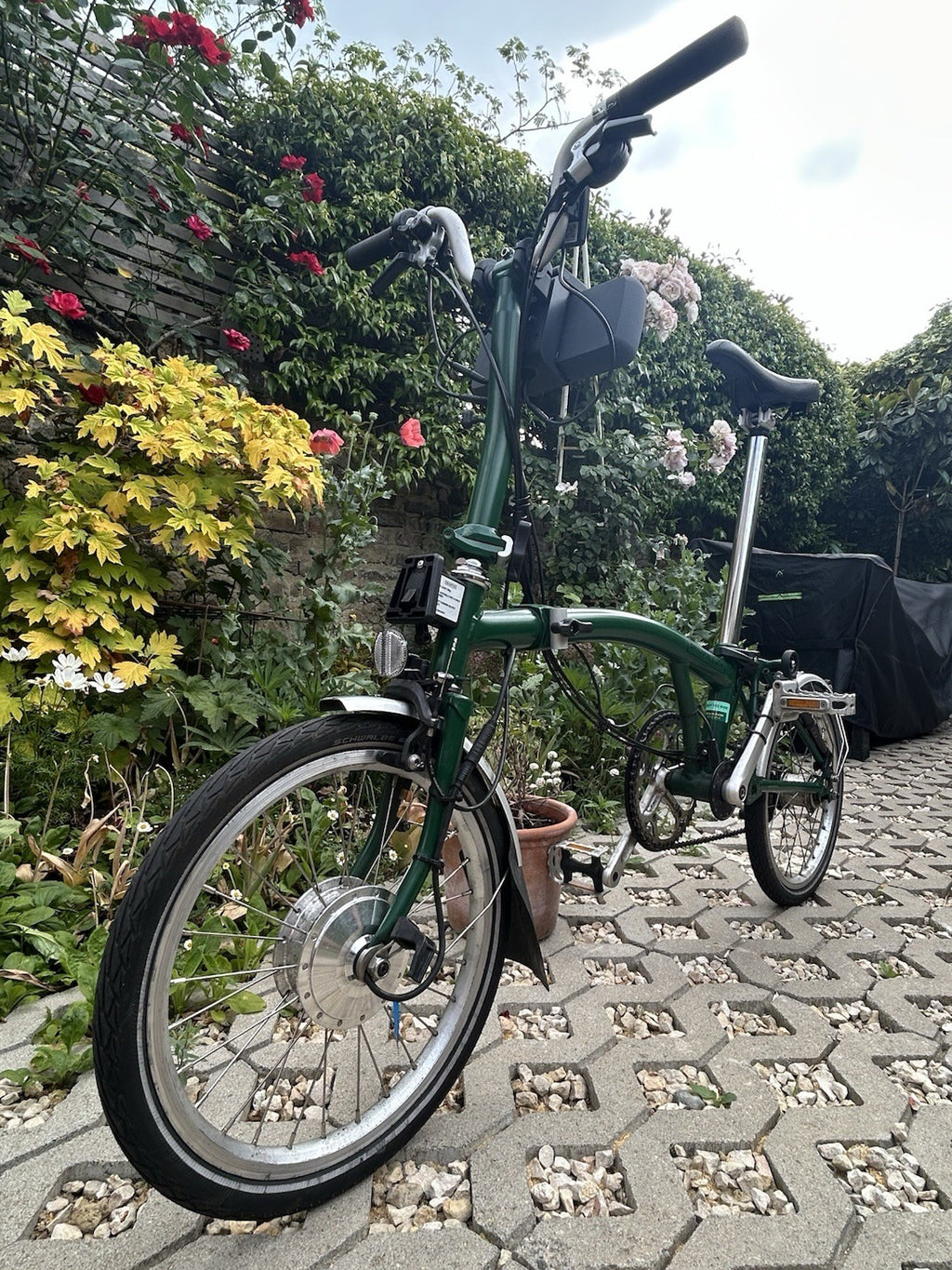 Green Folding Brompton Bike With Swytch Kit In Good Condition