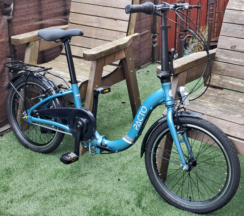Blue PACTO folding bike .. 20 inch wheels and 7 speed hub gears.