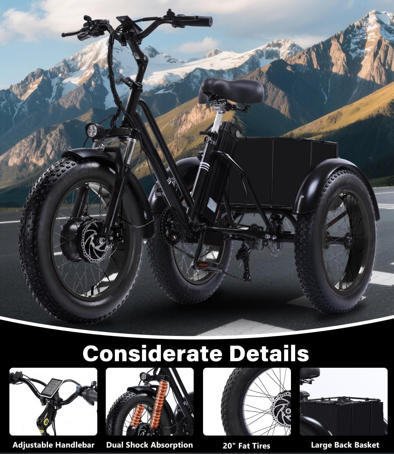 Adult Electric Tricycle 20-Inch Non-Folding/Folding 7-Speed Tricycle with Large