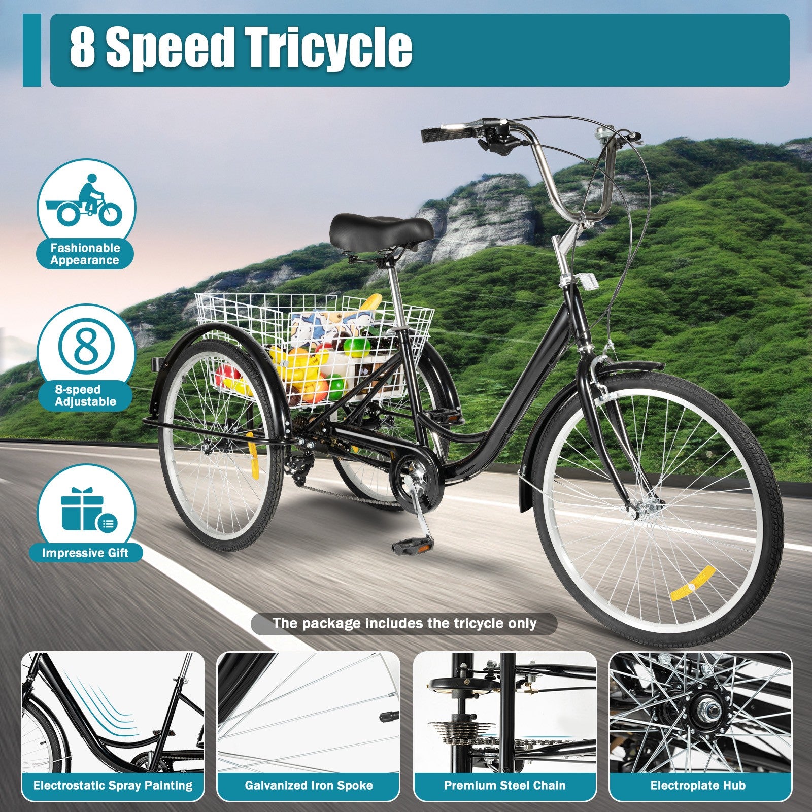 24 Inch Adult Tricycle Bike 8 Speed Trike 3-Wheel Bicycle w/Folding Back &Basket