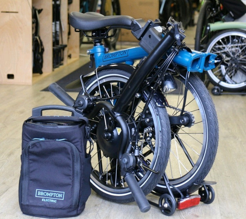 Brompton Electric C Line Explore Mid + Rack - 12 Speed - Ocean Blue Folding Bike