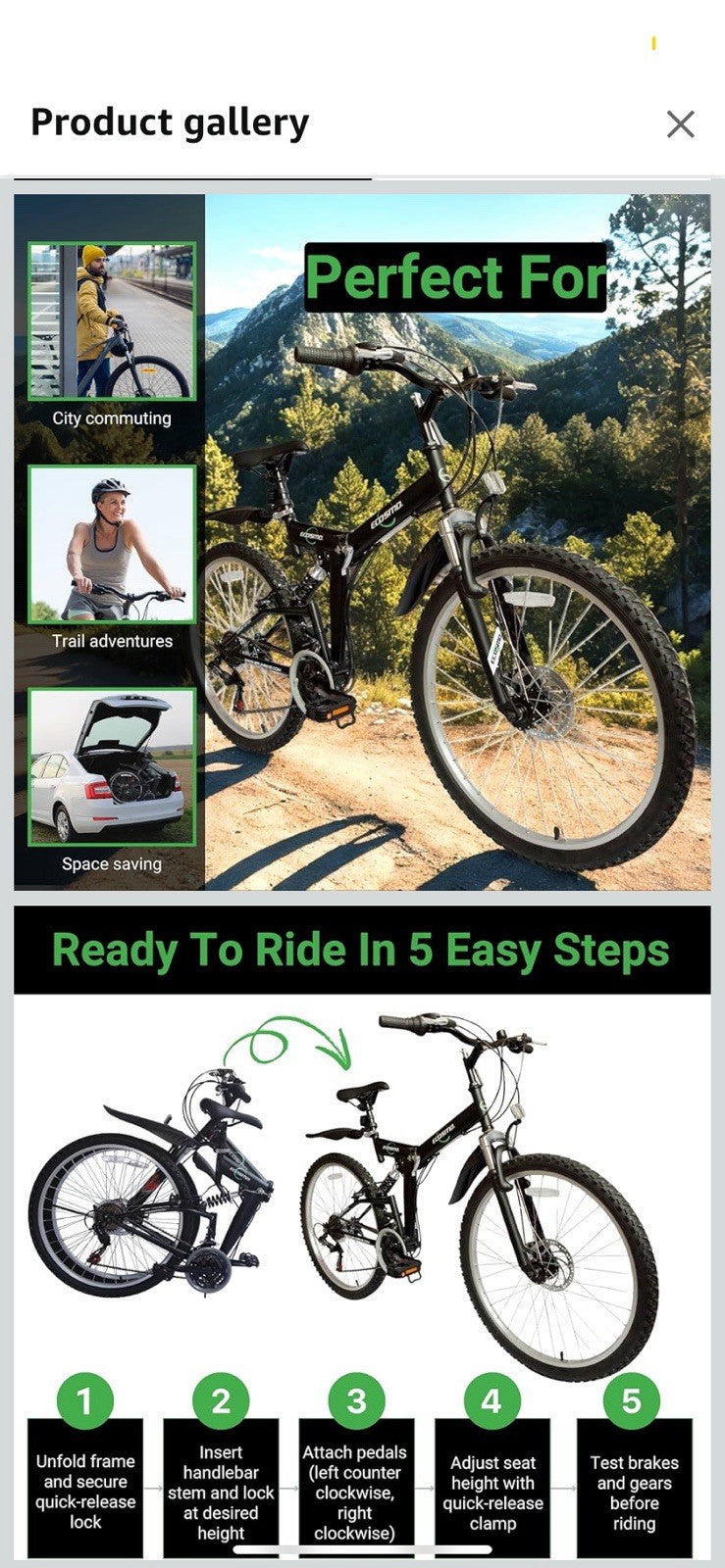 Mountain Bike Ecosmo 26" Wheel Folding MTB Shimano Gear 21SP, 18.5" -26SF02BL