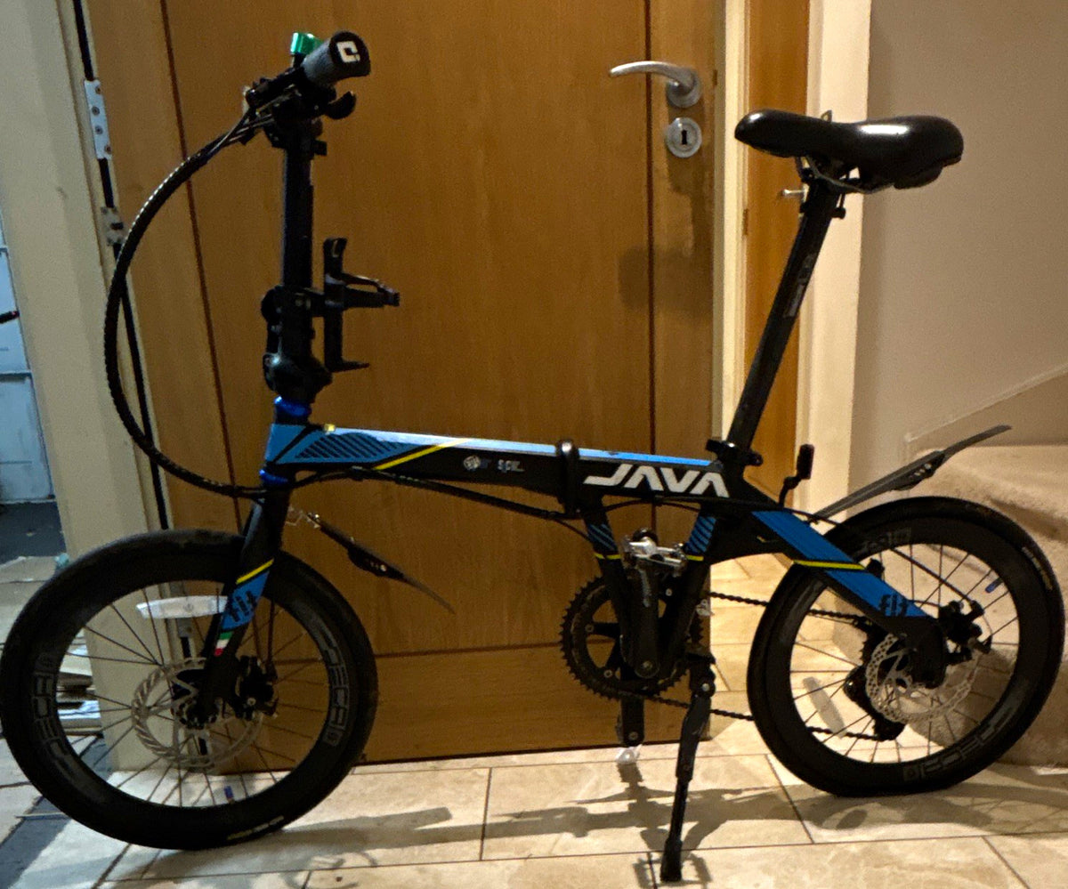 JAVA 20in Folding Bike Mechanical Disc, Derailleur Gears, Mudguards, Black/Blue