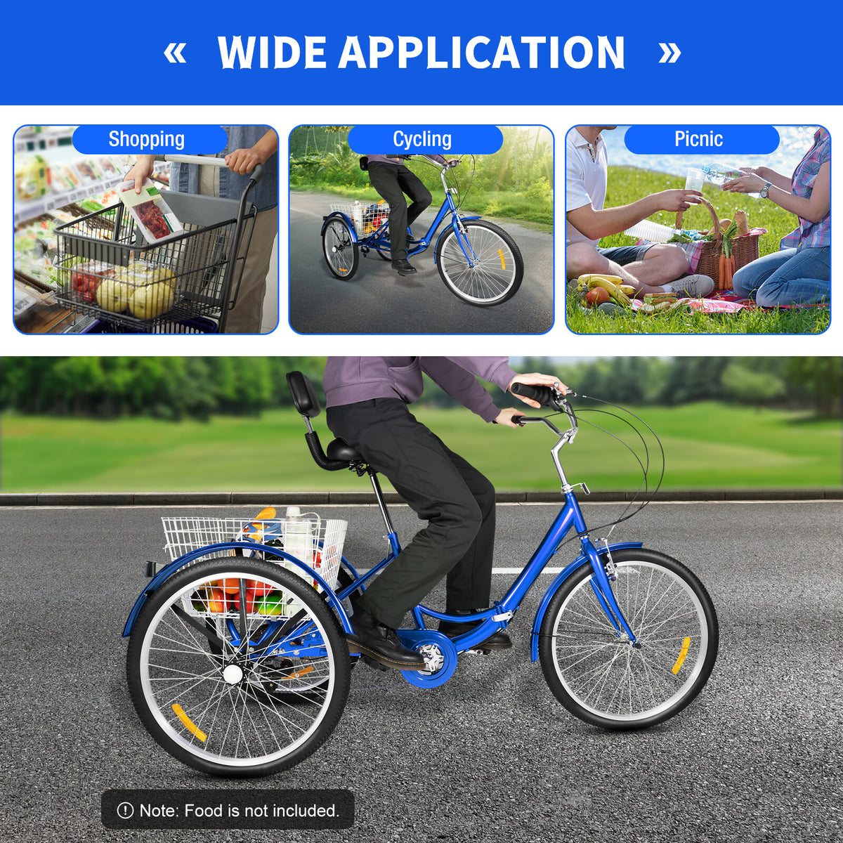24 Inch Adult Trike Tricycle Foldable 3 Wheel Bike 7-Speed With Storage Basket