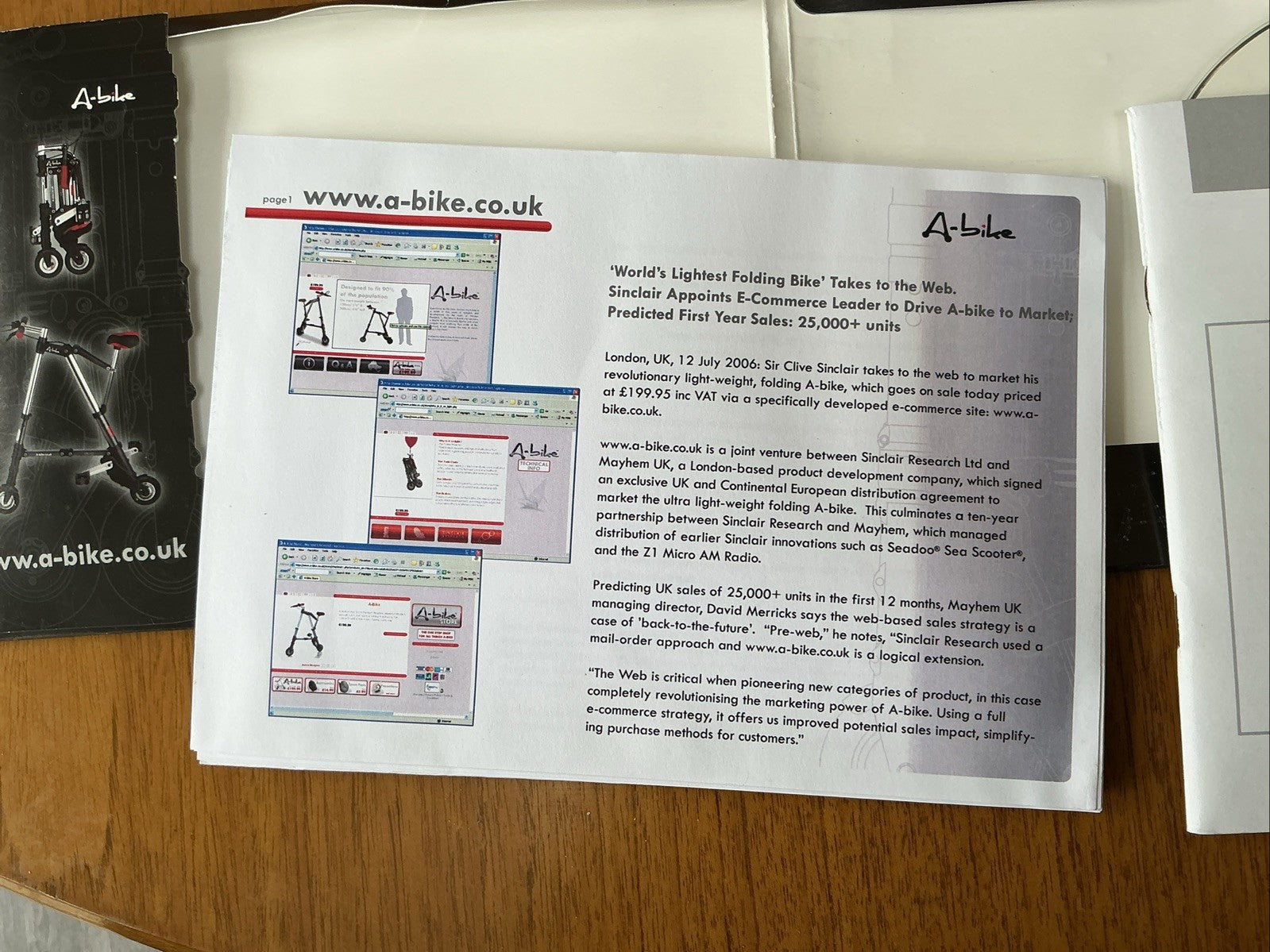 A-Bike From Sinclair Research Folding Bike Rare With Press Kit
