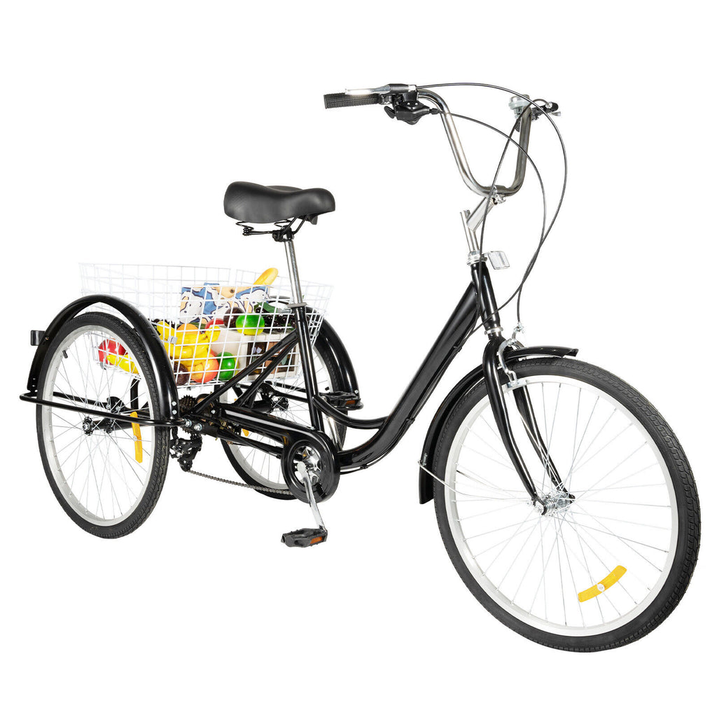 24 Inch Adult Tricycle Trike Bike 8-Speeds 3-Wheel Bicycle W/Folding Back Basket