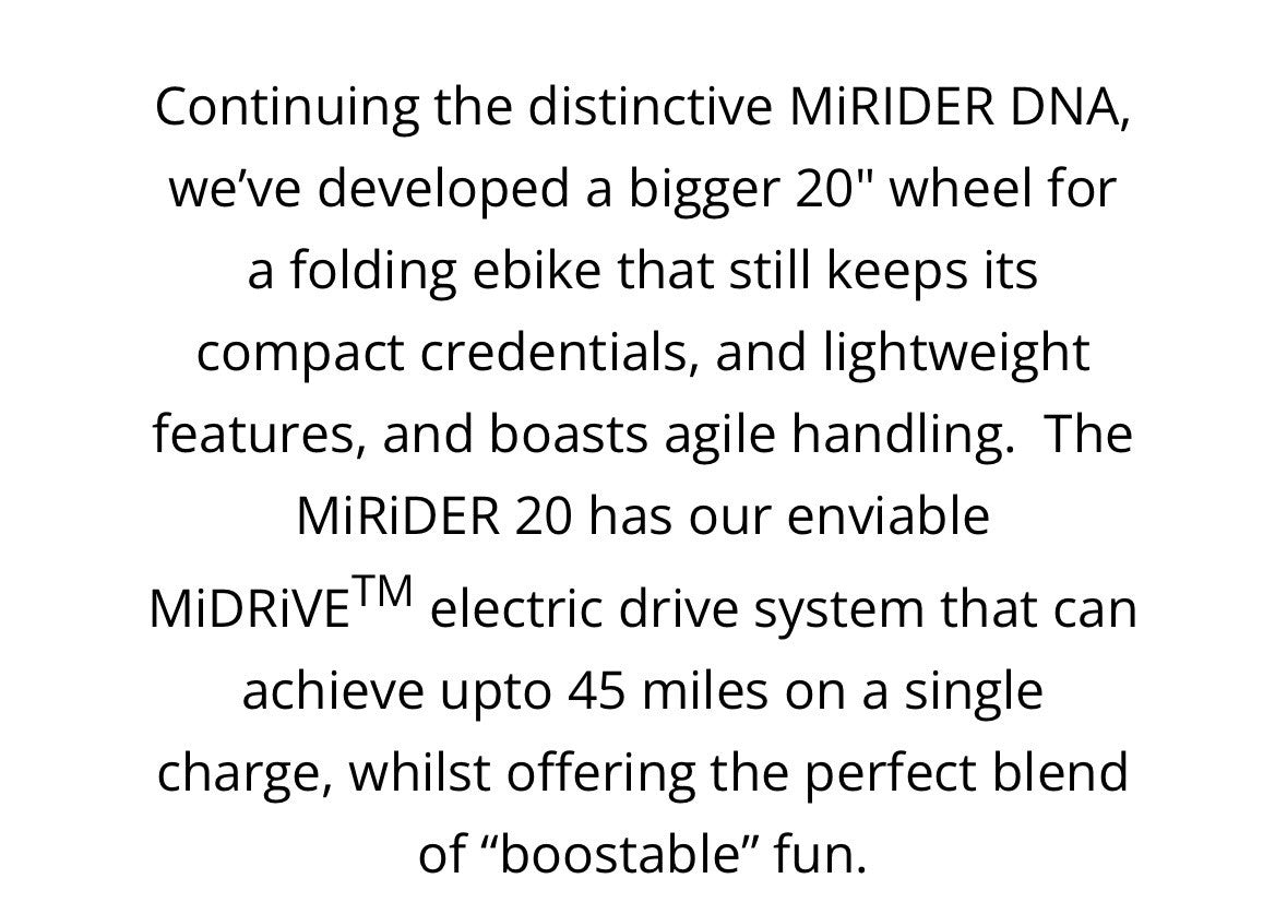 MiRiDER 20 20in Foldable  Bike, Disc Brakes, 250W Rear Hub, Grey