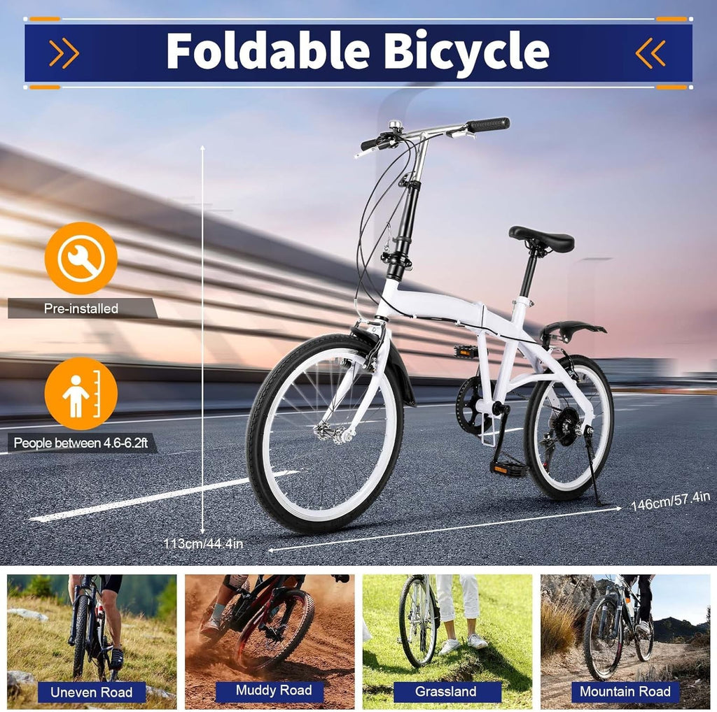 20" Folding Bike Lightweight 6-Speed Adjustable Seat Compact City Ride