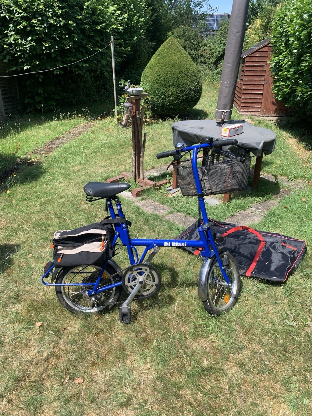 Di Blasi 16in Blue Folding Bike 4-Speed, Front Basket, Rack/Panniers, Bag