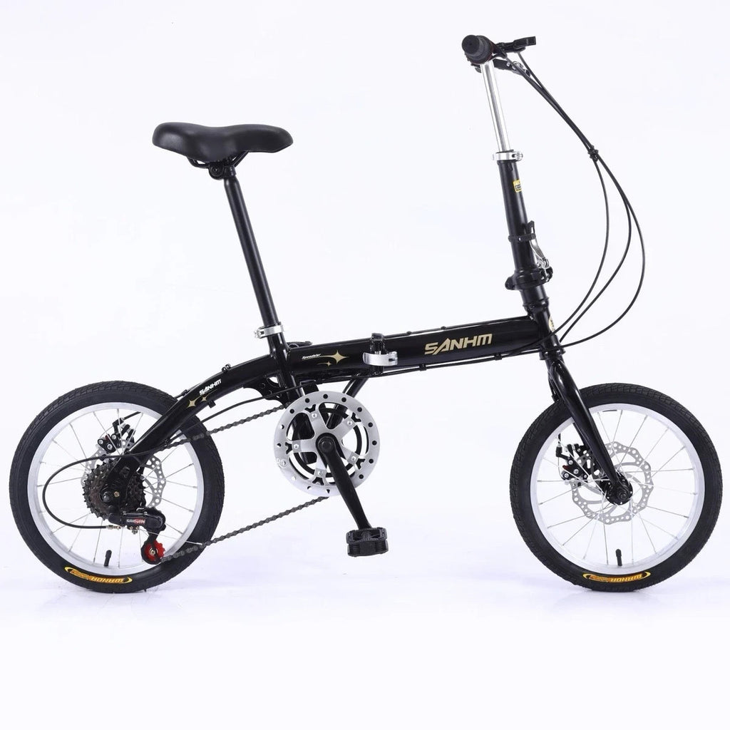 Folding Bicycle 16" Inch Bikes for Adults 6-Speed Foldable City Bicycle Black