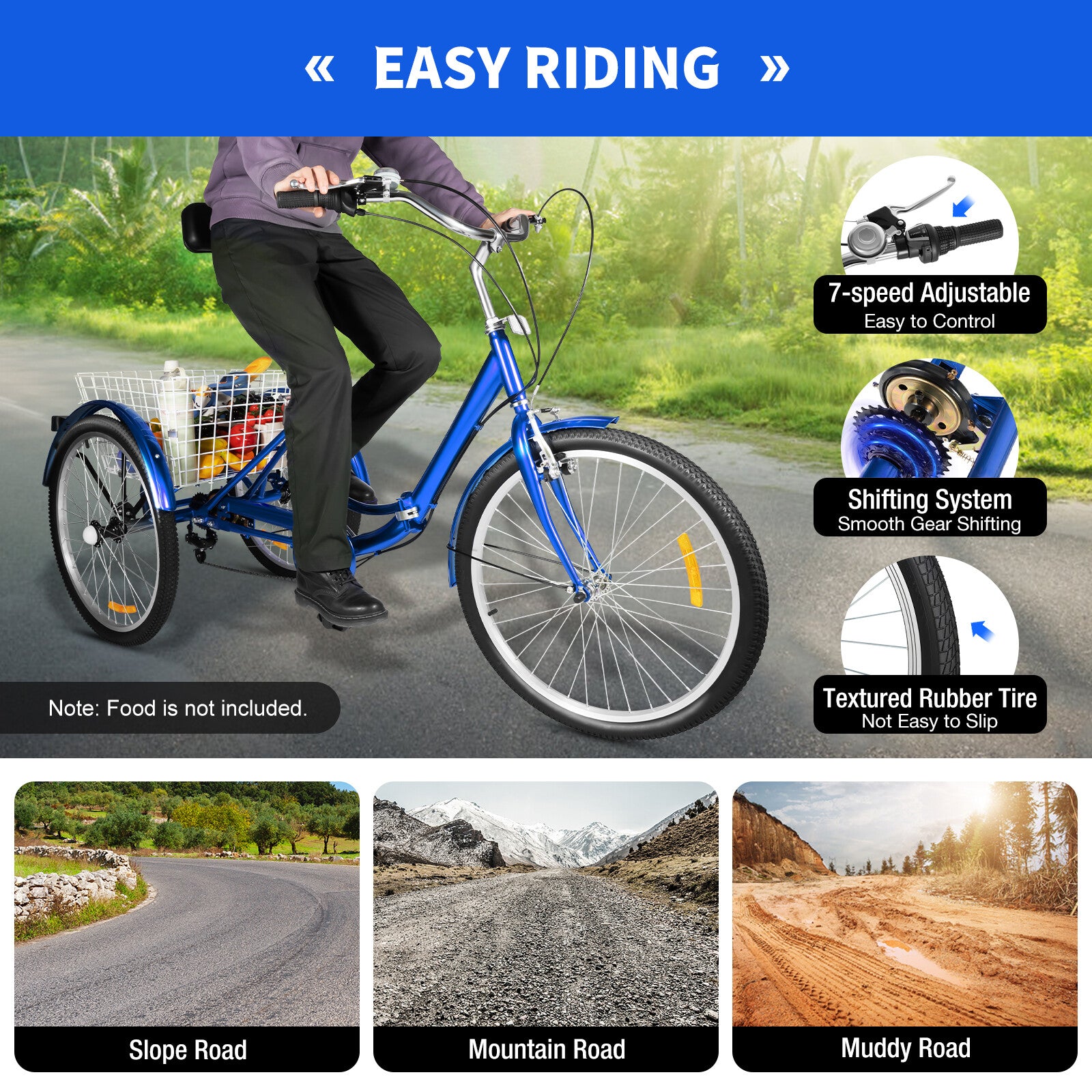 24 Inch Adult Trike Tricycle Foldable 3 Wheel Bike 7-Speed With Storage Basket
